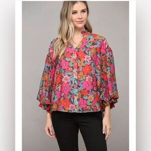 Fate Women Top Size M Tencel Blouse Floral Red Colorful Flower